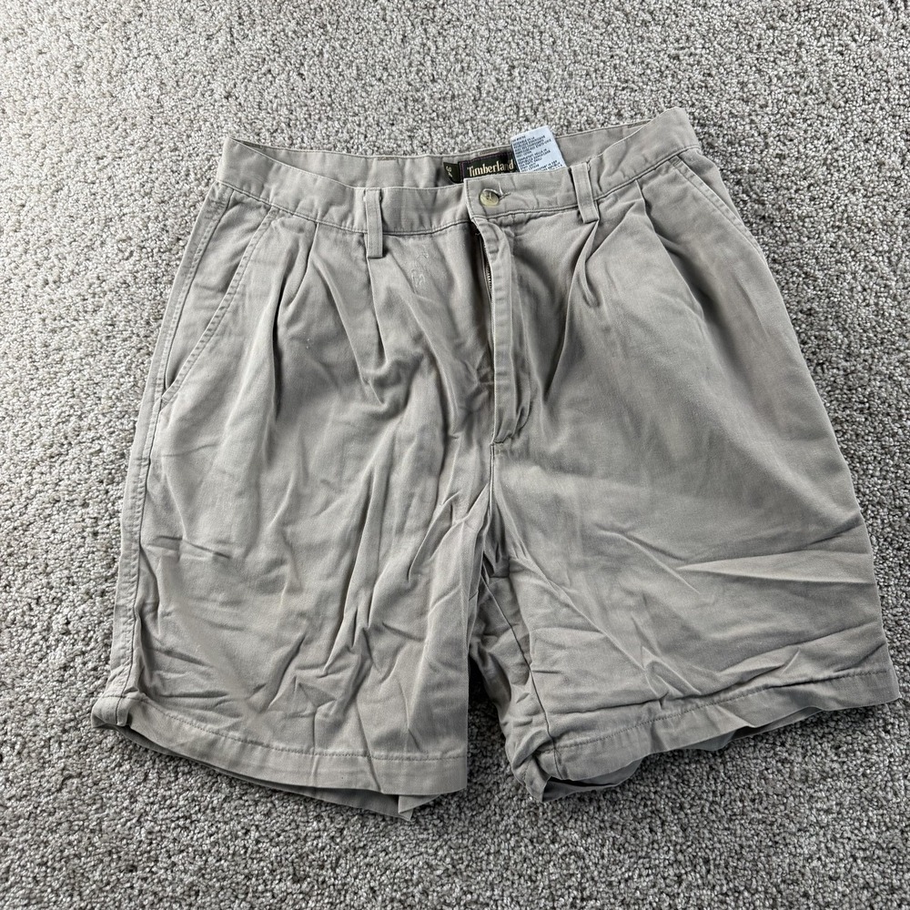 Y2K Timberland Chino Shorts Mens 34 Beige Cotton Pleated 9 Inseam Casual Summer